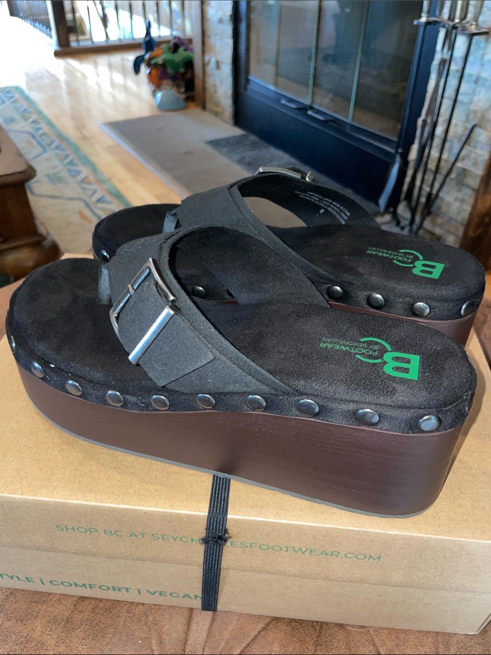 NEW! BC Footwear Black Buckle Platform Slide Sandals -Vegan Suede!